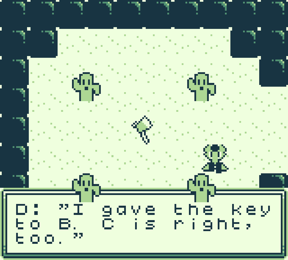 Four cacti stand around Professor S. with an axe: 'D: I gave the key to B. C is right, too.'